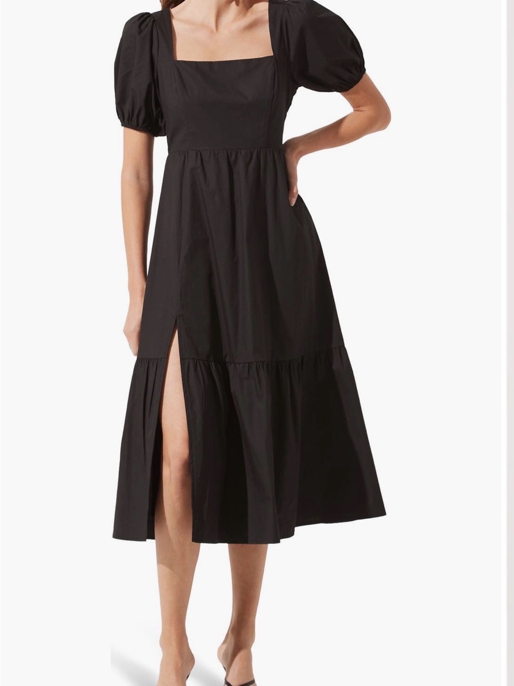 Astr the Label Poplin Puff Sleeve Tiered Midi Dress - Black